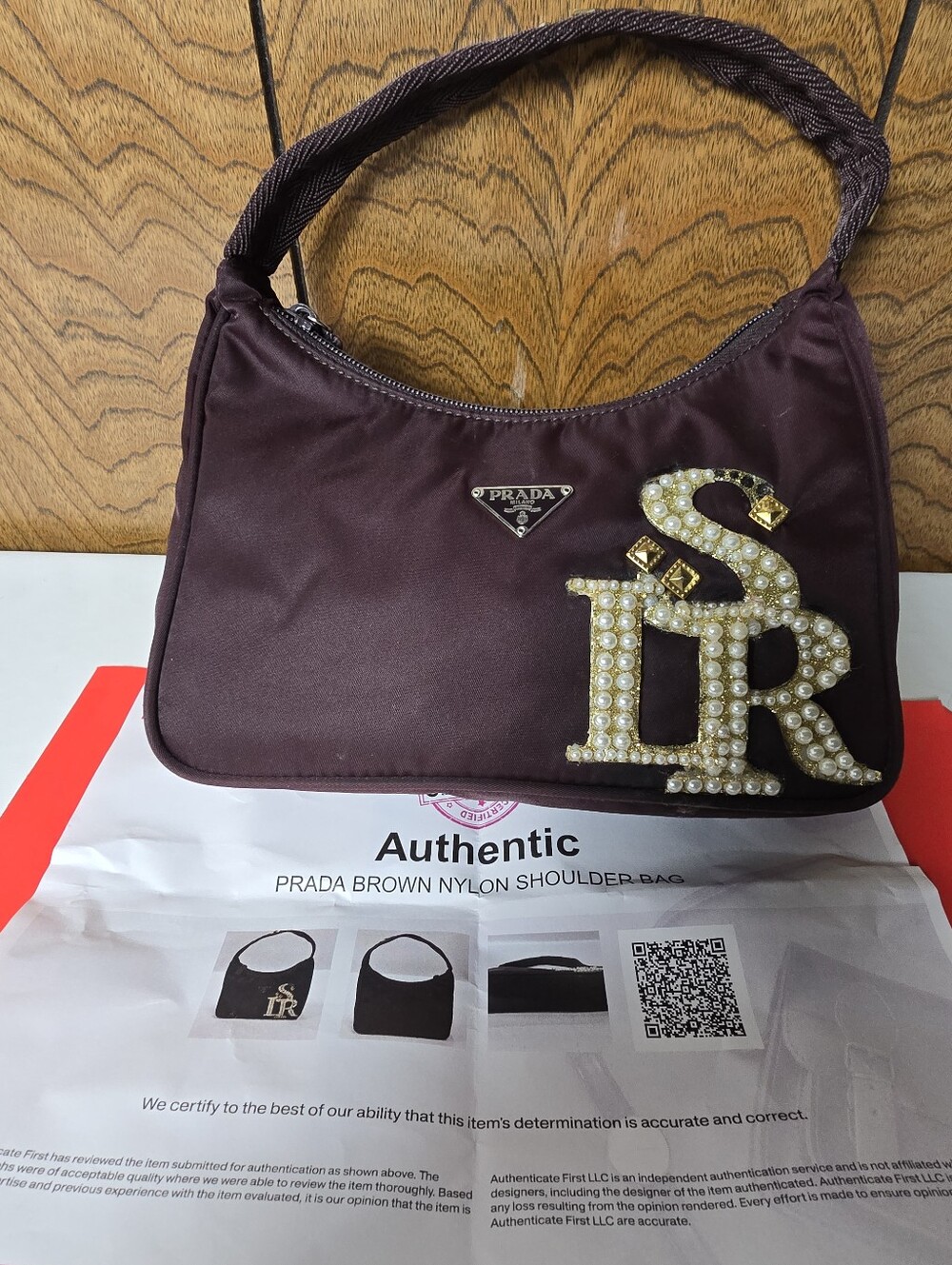 Prada Brown Nylon Shoulder Bag with Pearl SR Logo